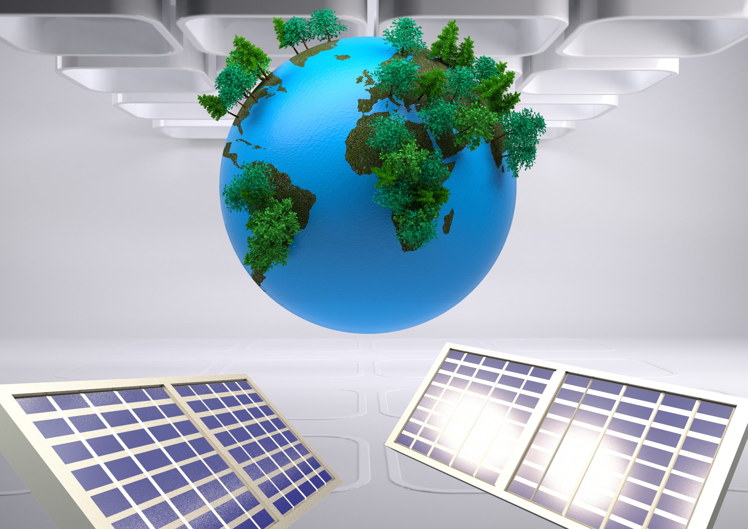 Solar panel and trees growing over globe