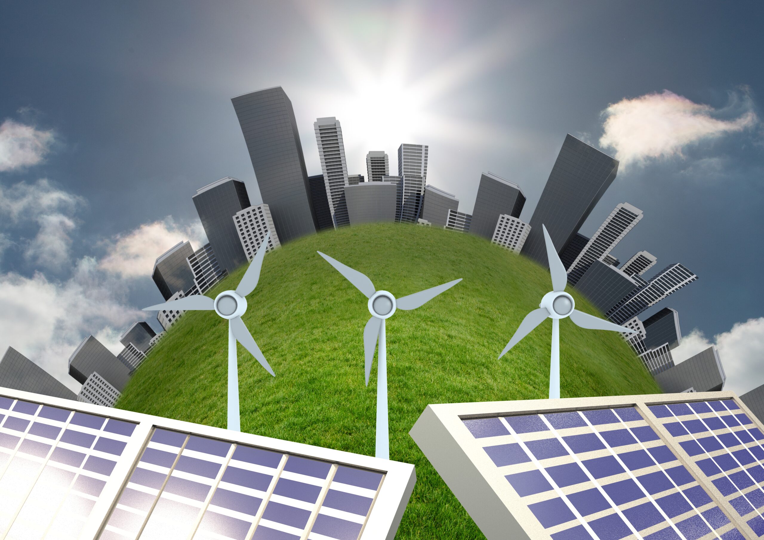 Wind turbine and solar panels against cityscape